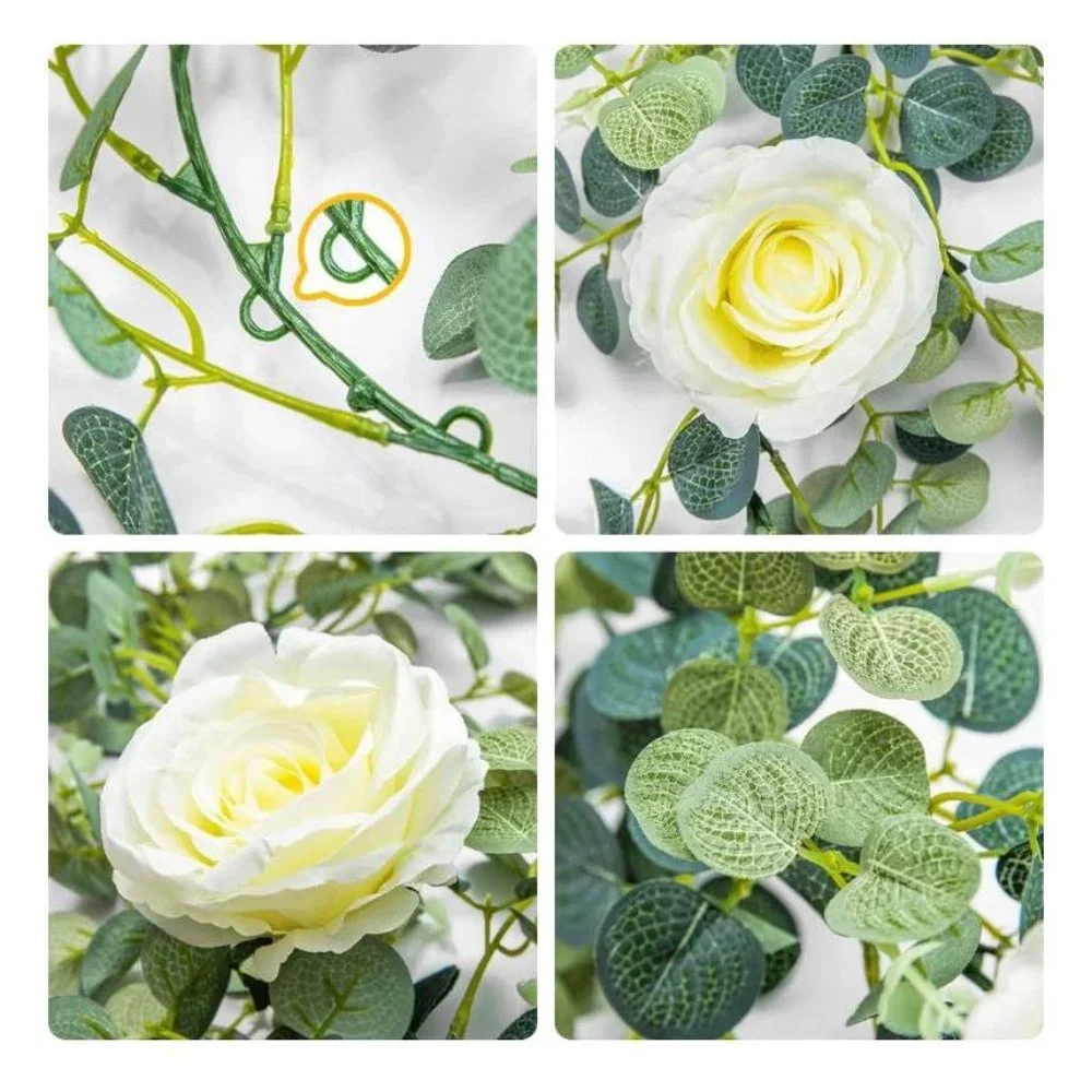 6 feet Artificial Flower Eucalyptus Garland w/ Champagne Roses Silk Vine Hanging